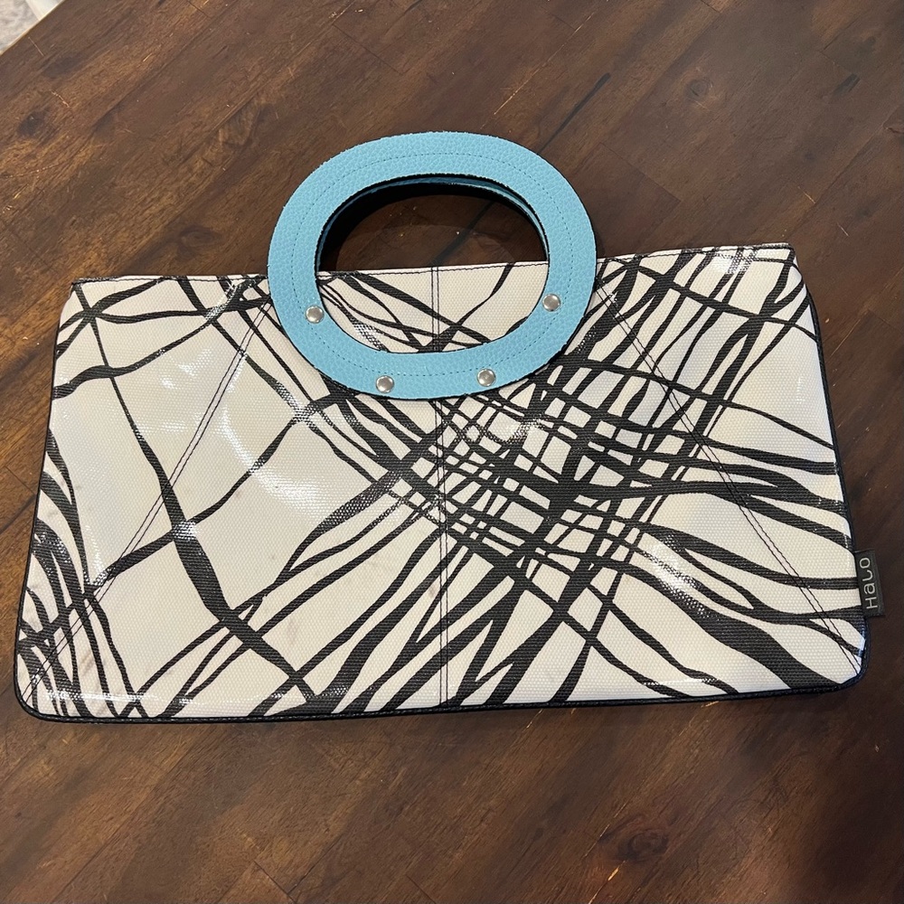 Black and White Graphic Abstract Bag with Contrasting Blue Handle